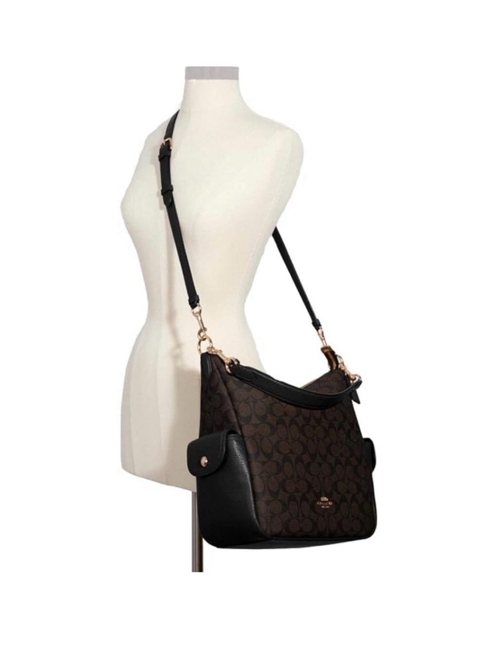 Coach Brown Signature Canvas Shoulder Bag with Black Leather Trim